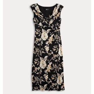 Connected Apparel Black and Cream Floral Midi Dress